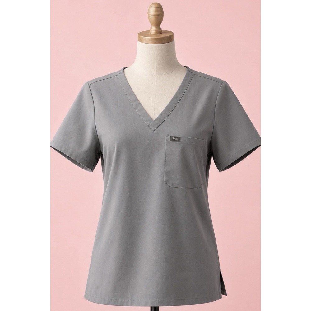 FIGS Women's Catrina Size Small Scrubs V Neck Gray Top Short Sleeve Technical